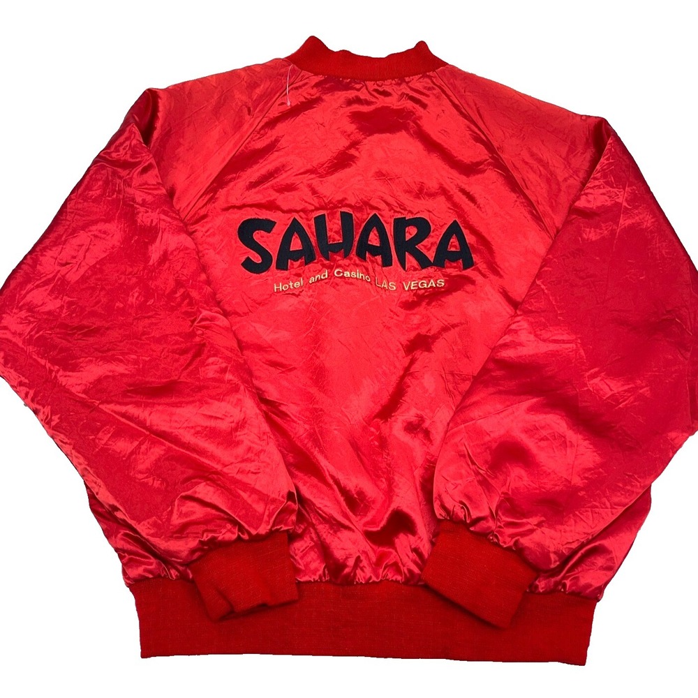 Vintage Satin Jacket Men XL Red Bomber Windbreaker Sahara Hotel Gambling 90s USA
